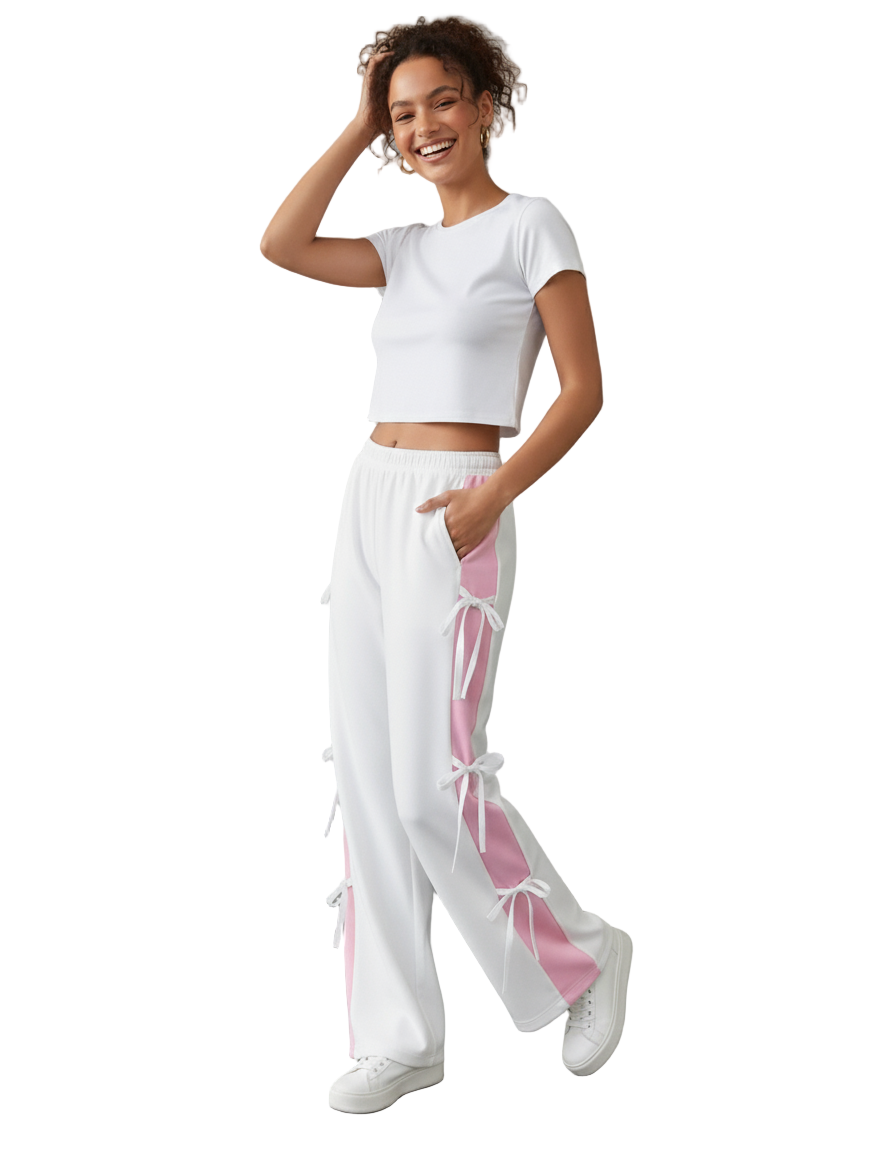 White and Pink Ribbon Joggers