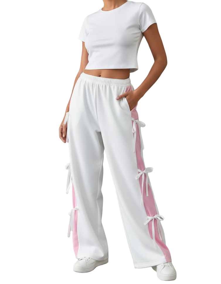 White and Pink Ribbon Joggers