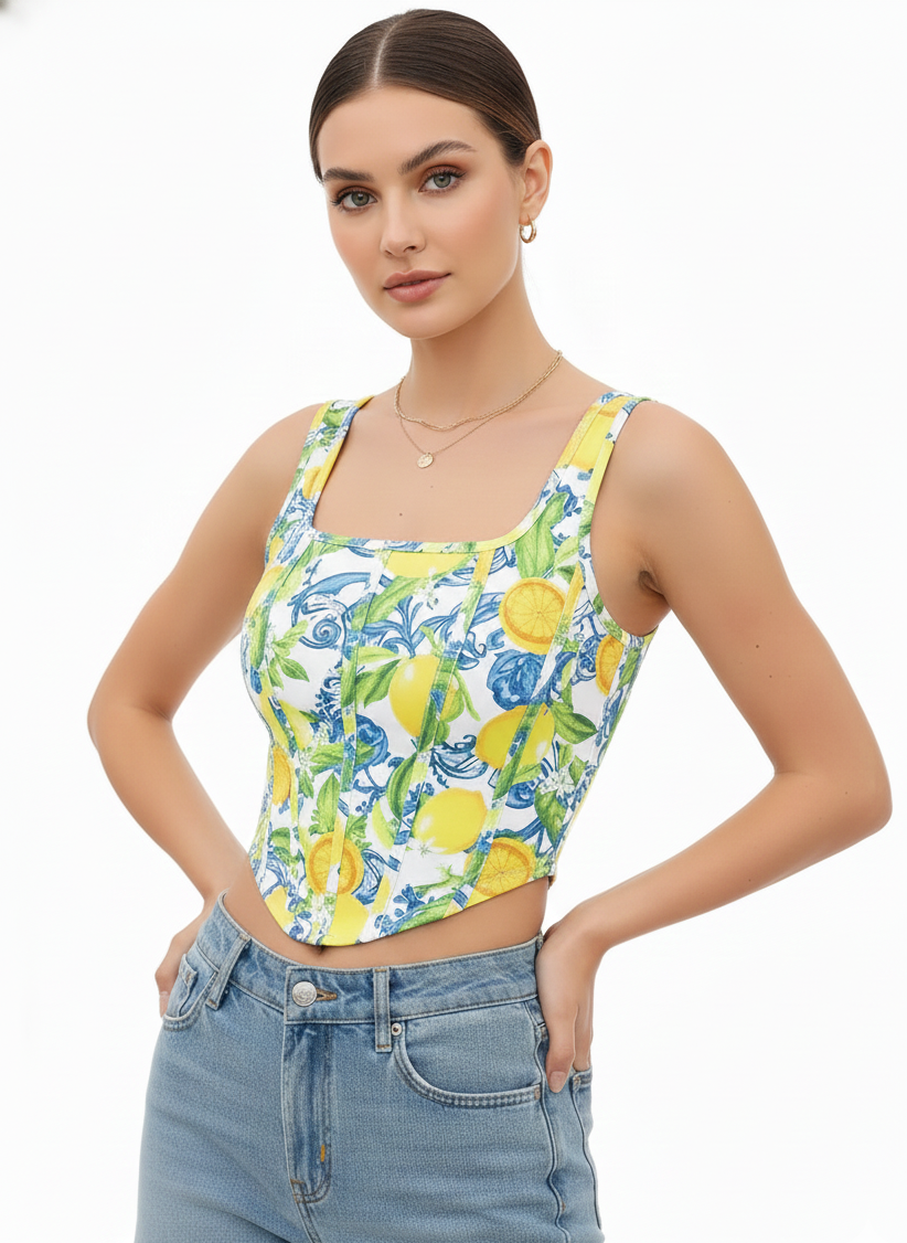Amalfi Coast Lemon-Print Corset Top